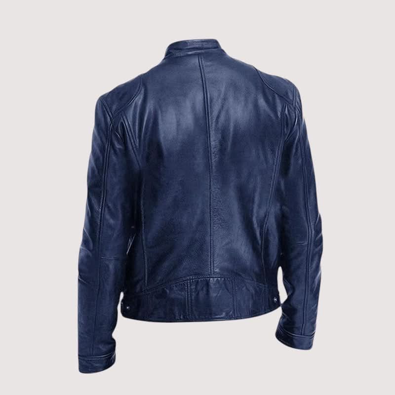 Leather Biker Jacket with Mandarin Collar for Men