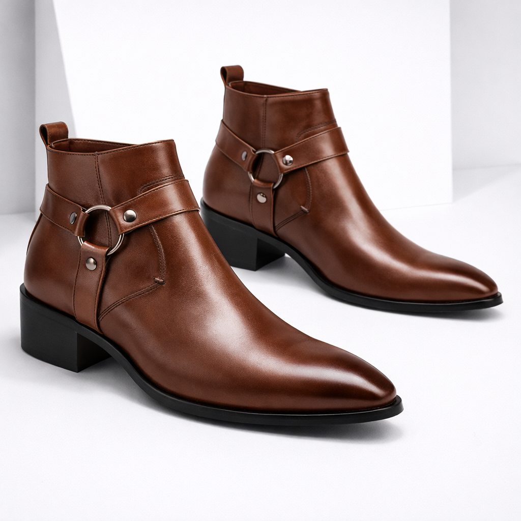 Leather Harness Heeled Boots for Men