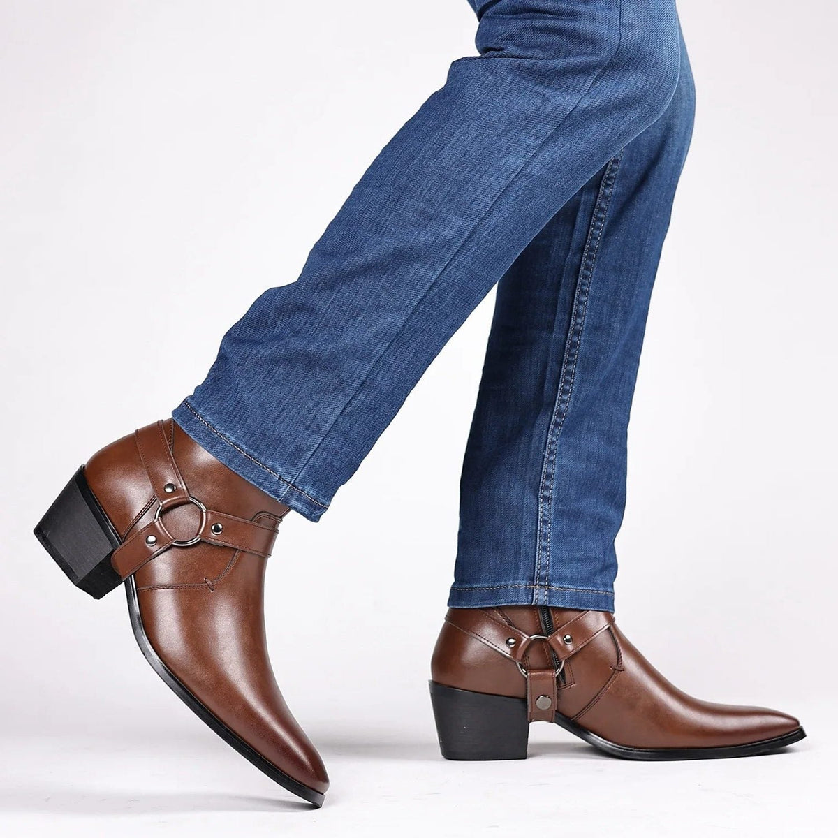 Leather Harness Heeled Boots for Men