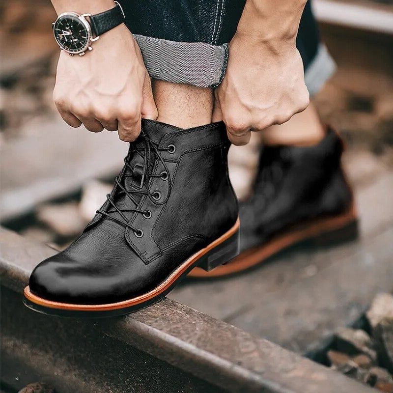 Leather Lace-Up Ankle Boots with Block Heel for Men