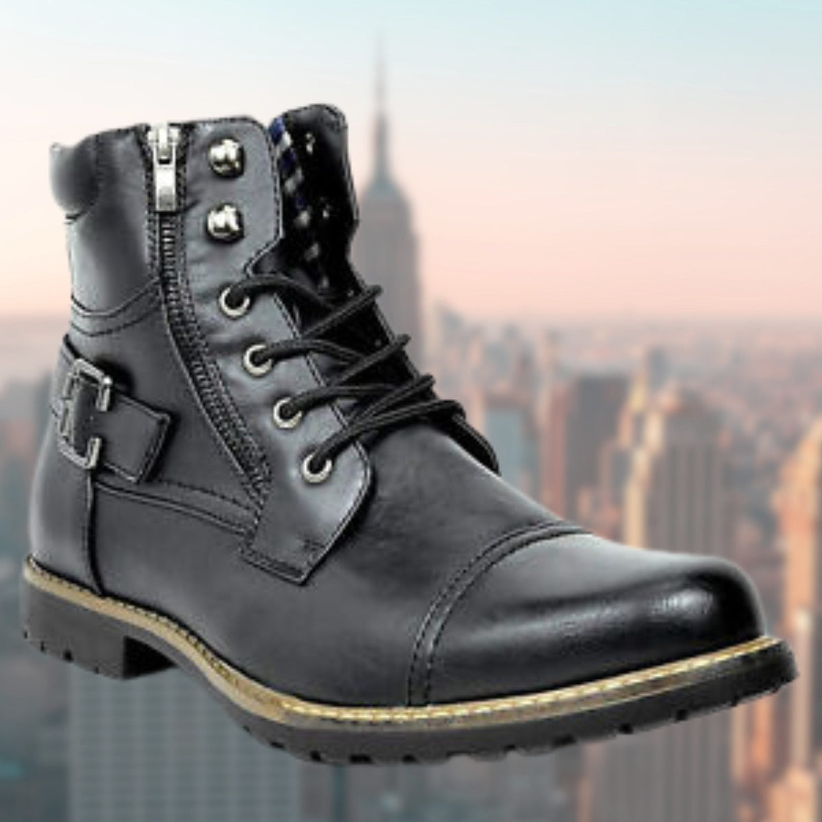 Leather Lace-Up Boots with Side Buckle for Men