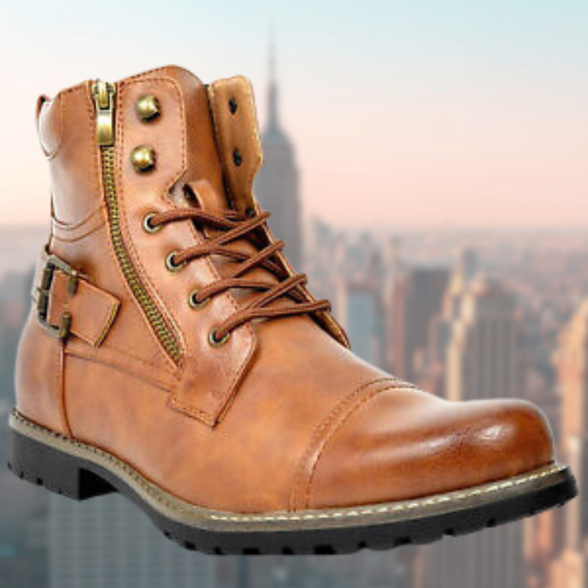 Leather Lace-Up Boots with Side Buckle for Men