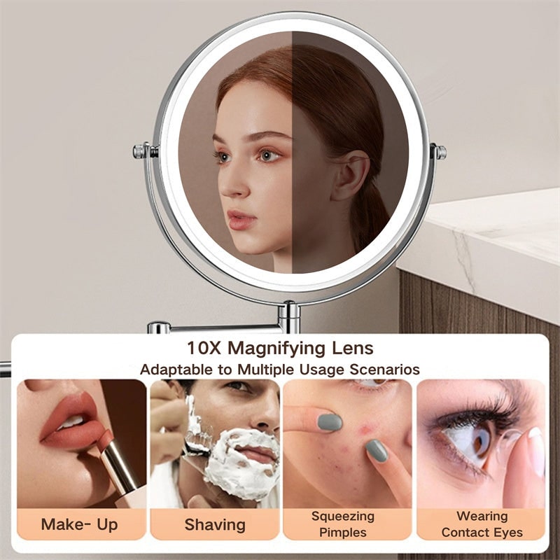 LED Lighted Makeup Mirror with Lights 10x Magnification and Extendable Folding Arm Wall Mount