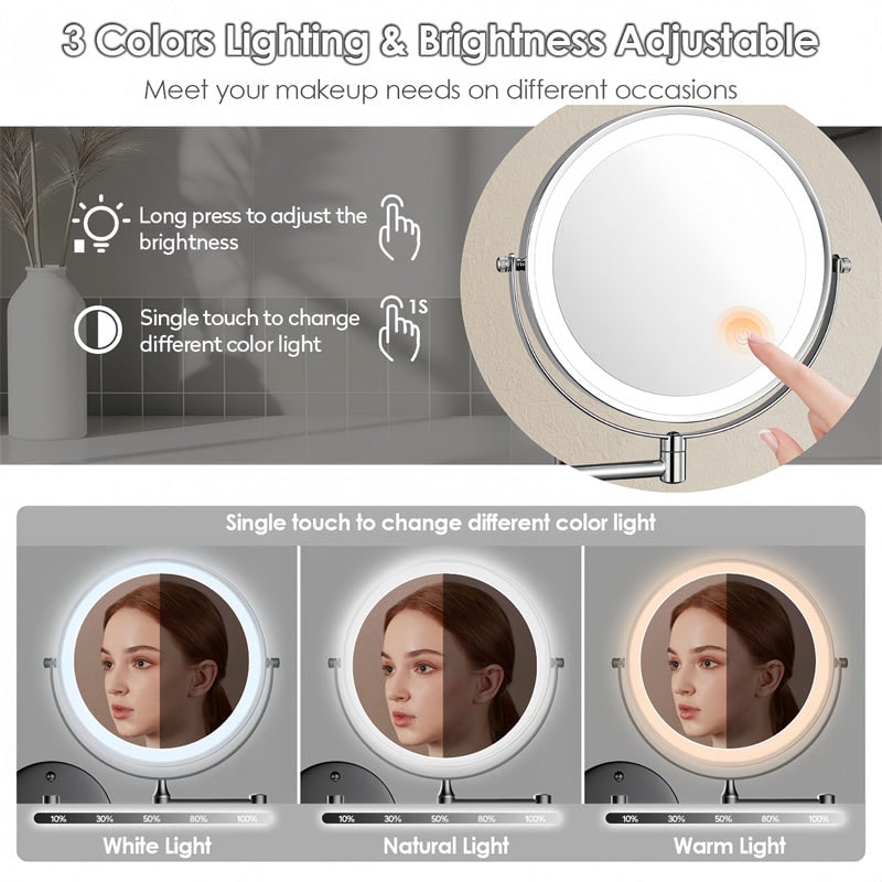 LED Lighted Makeup Mirror with Lights 10x Magnification and Extendable Folding Arm Wall Mount