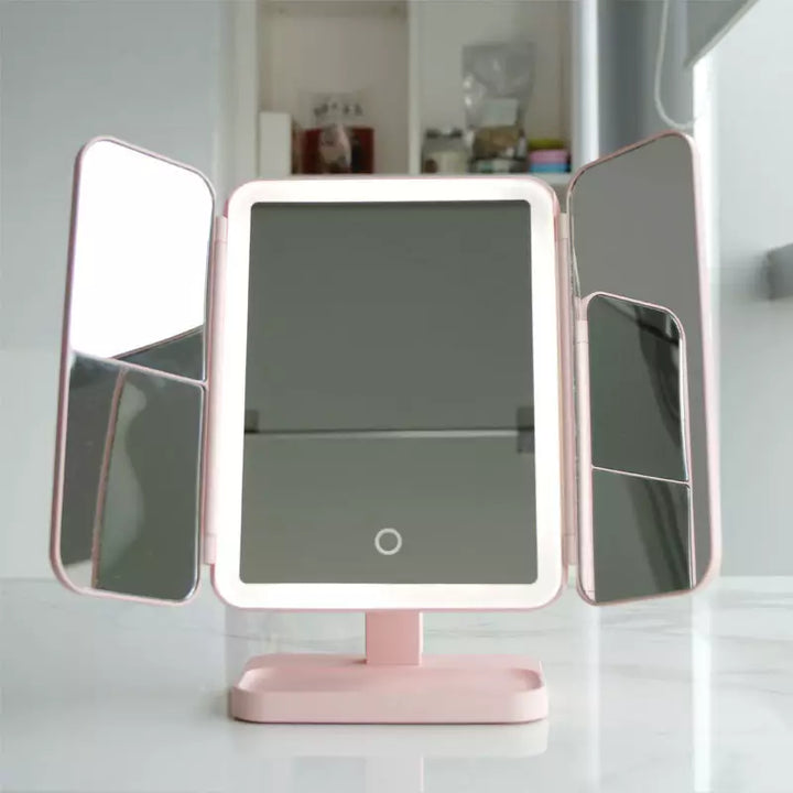 LED Makeup Mirror with 3-Color Lighting – Foldable Vanity Mirror with Light and 2X/3X Magnification, White or Pink