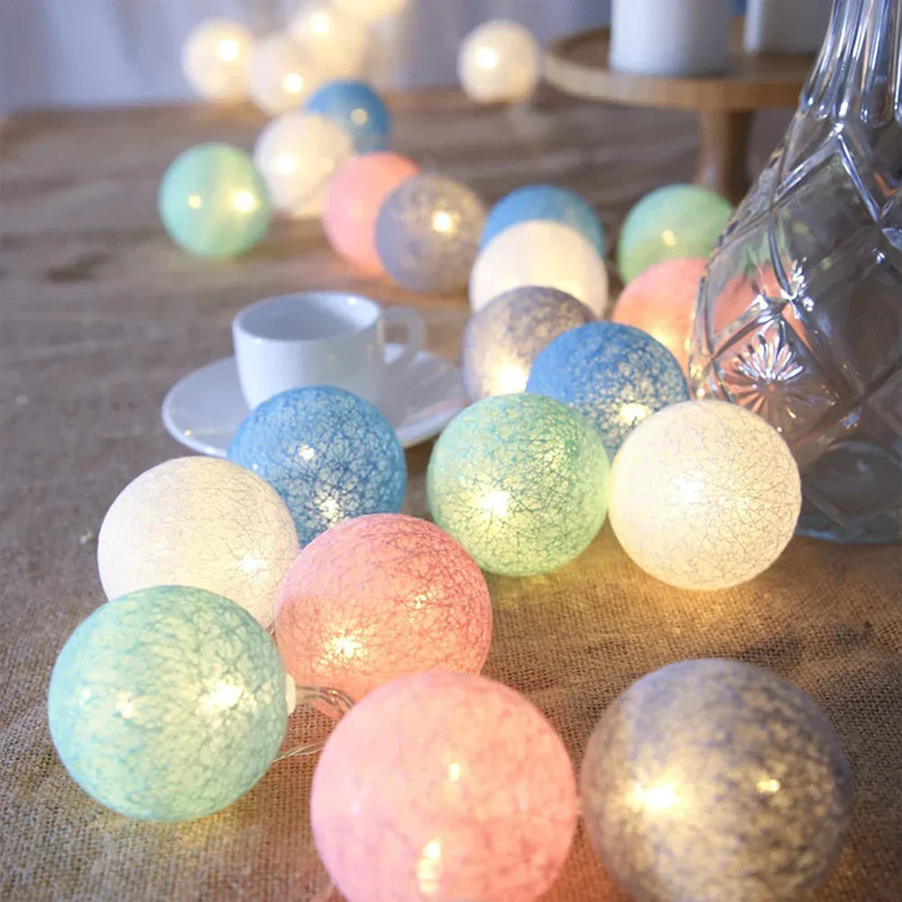 LED String Lights | Woven Cotton Balls & Warm Glow | Battery/USB Powered