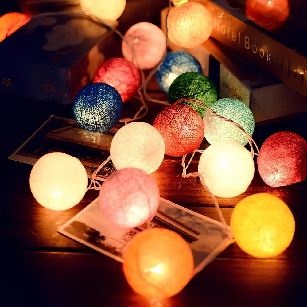LED String Lights | Woven Cotton Balls & Warm Glow | Battery/USB Powered