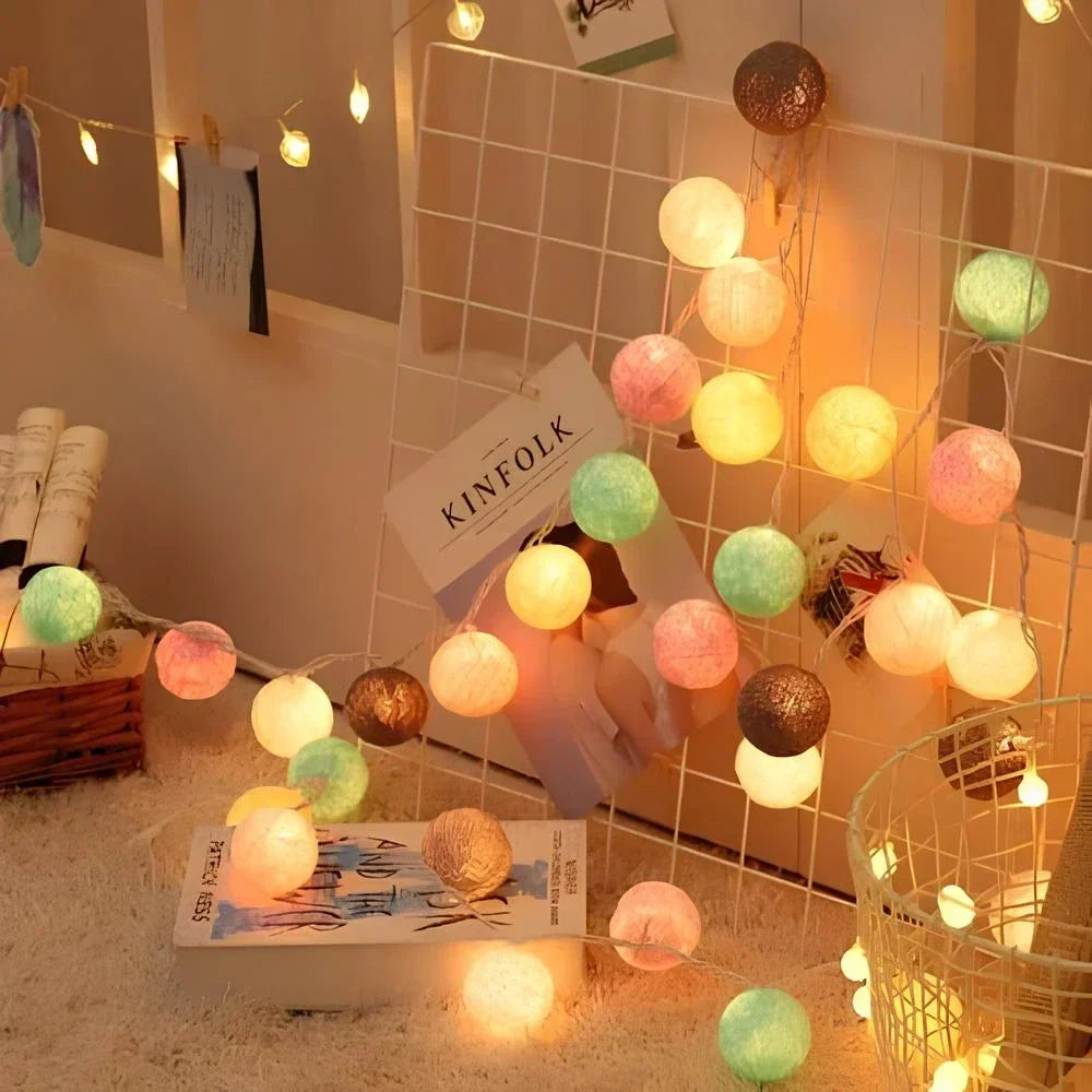 LED String Lights | Woven Cotton Balls & Warm Glow | Battery/USB Powered