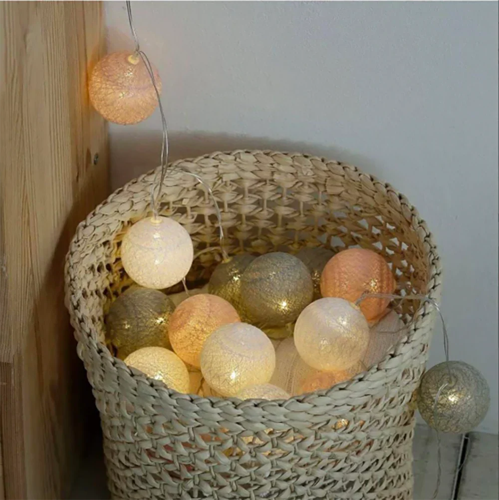 LED String Lights | Woven Cotton Balls & Warm Glow | Battery/USB Powered