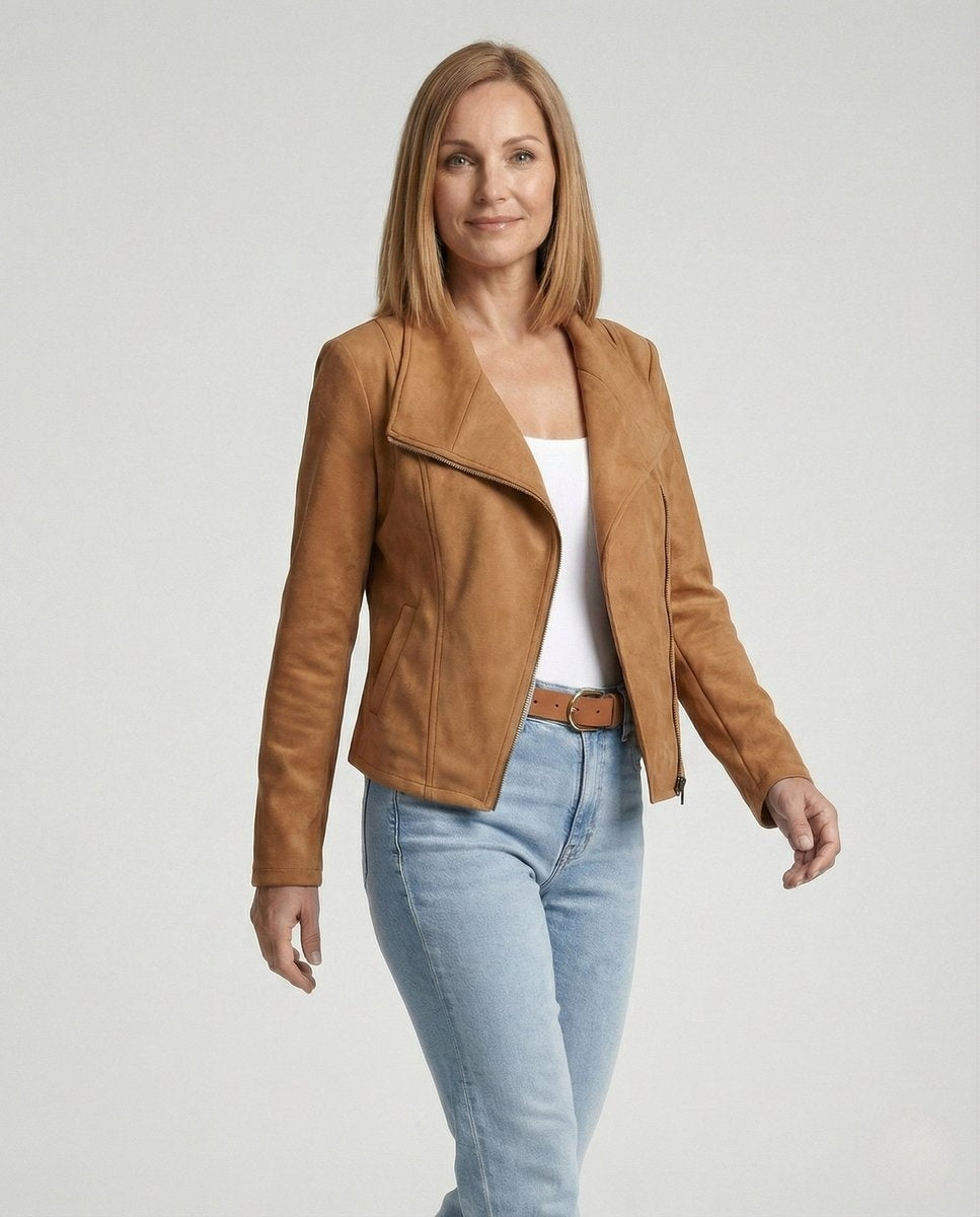 Colette | Women's Faux Suede Moto Jacket Asymmetric Closure