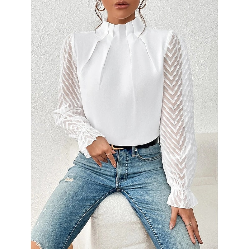 Women's High-Neck Blouse with Textured Sleeves