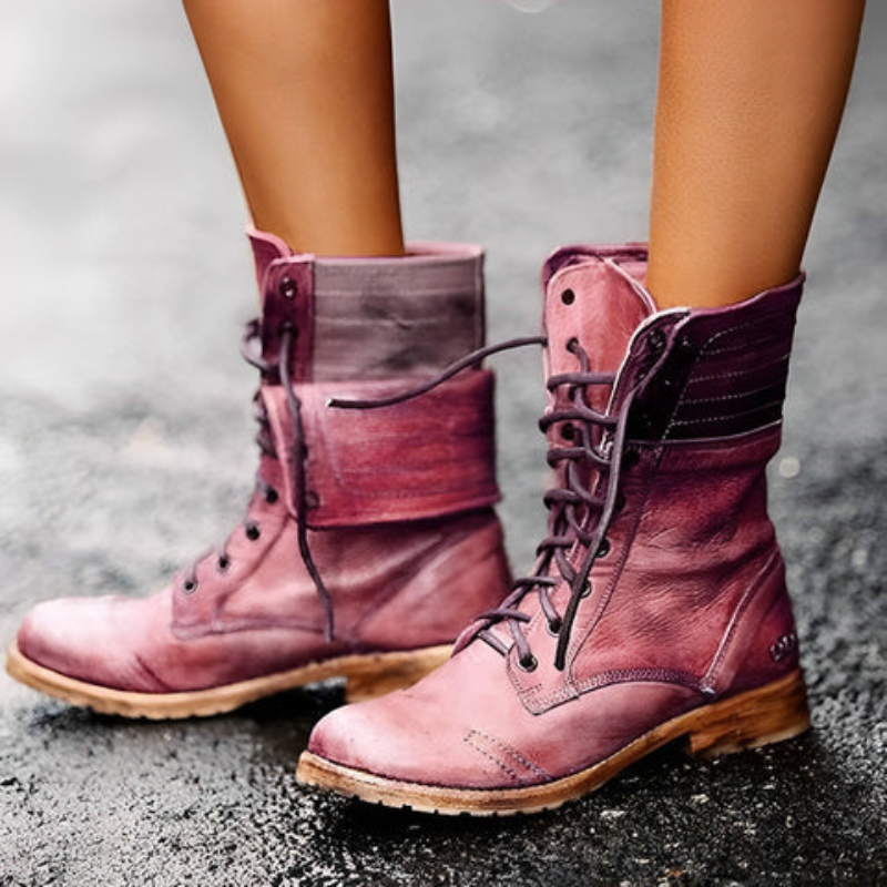 Leila | Women's Leather Combat Boots Lace Up Mid Calf