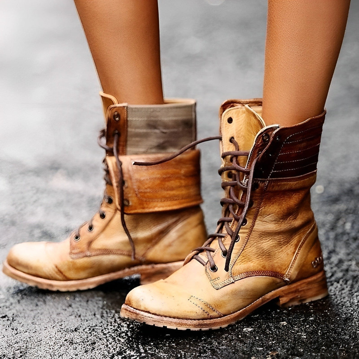 Leila | Women's Leather Combat Boots Lace Up Mid Calf