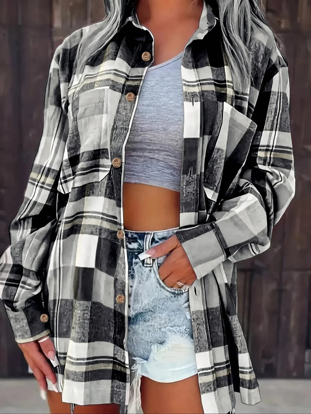 Alexa | Women's Plaid Cotton Shirt Jacket Long Sleeve Oversized Shacket