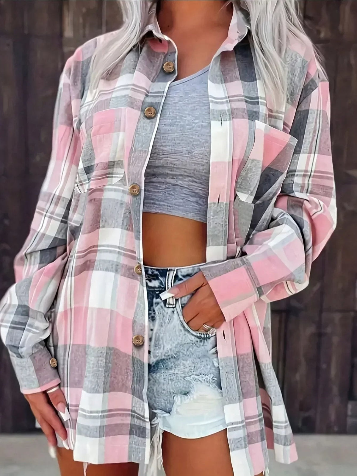 Alexa | Women's Plaid Cotton Shirt Jacket Long Sleeve Oversized Shacket