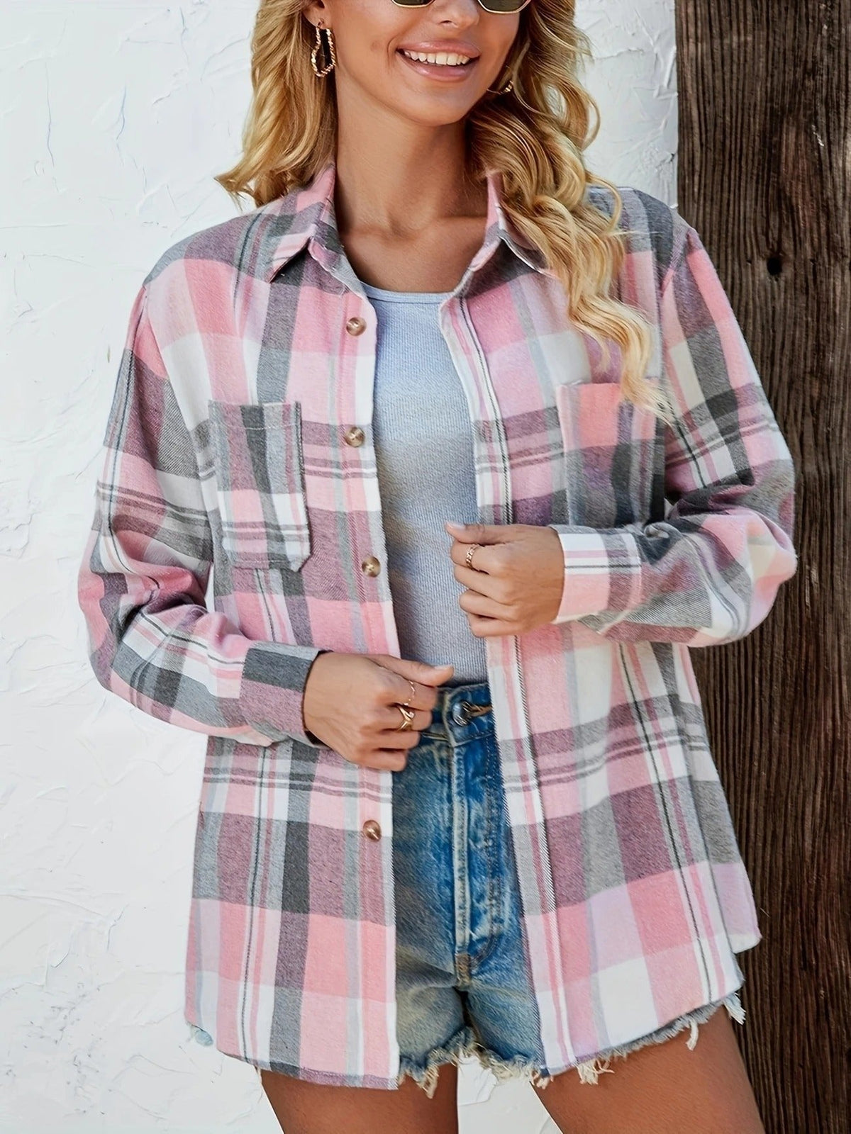 Alexa | Women's Plaid Cotton Shirt Jacket Long Sleeve Oversized Shacket