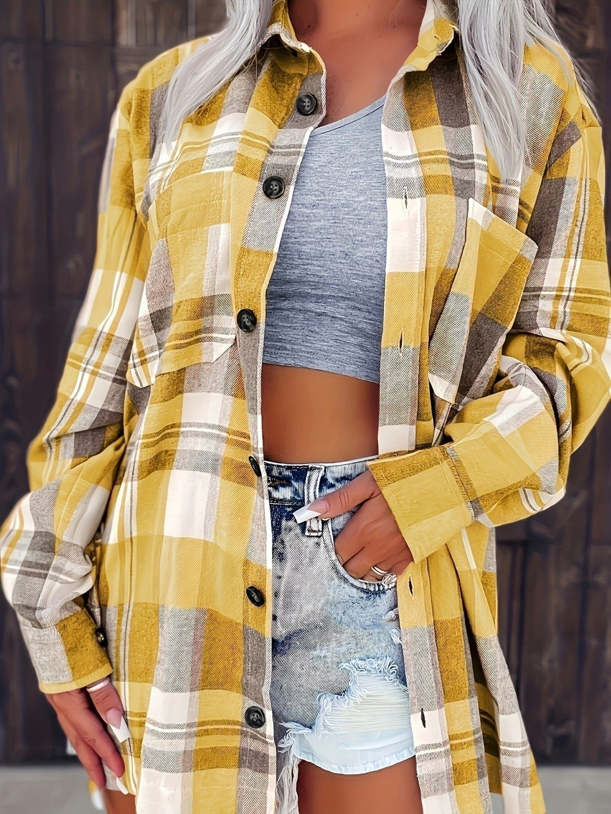 Alexa | Women's Plaid Cotton Shirt Jacket Long Sleeve Oversized Shacket