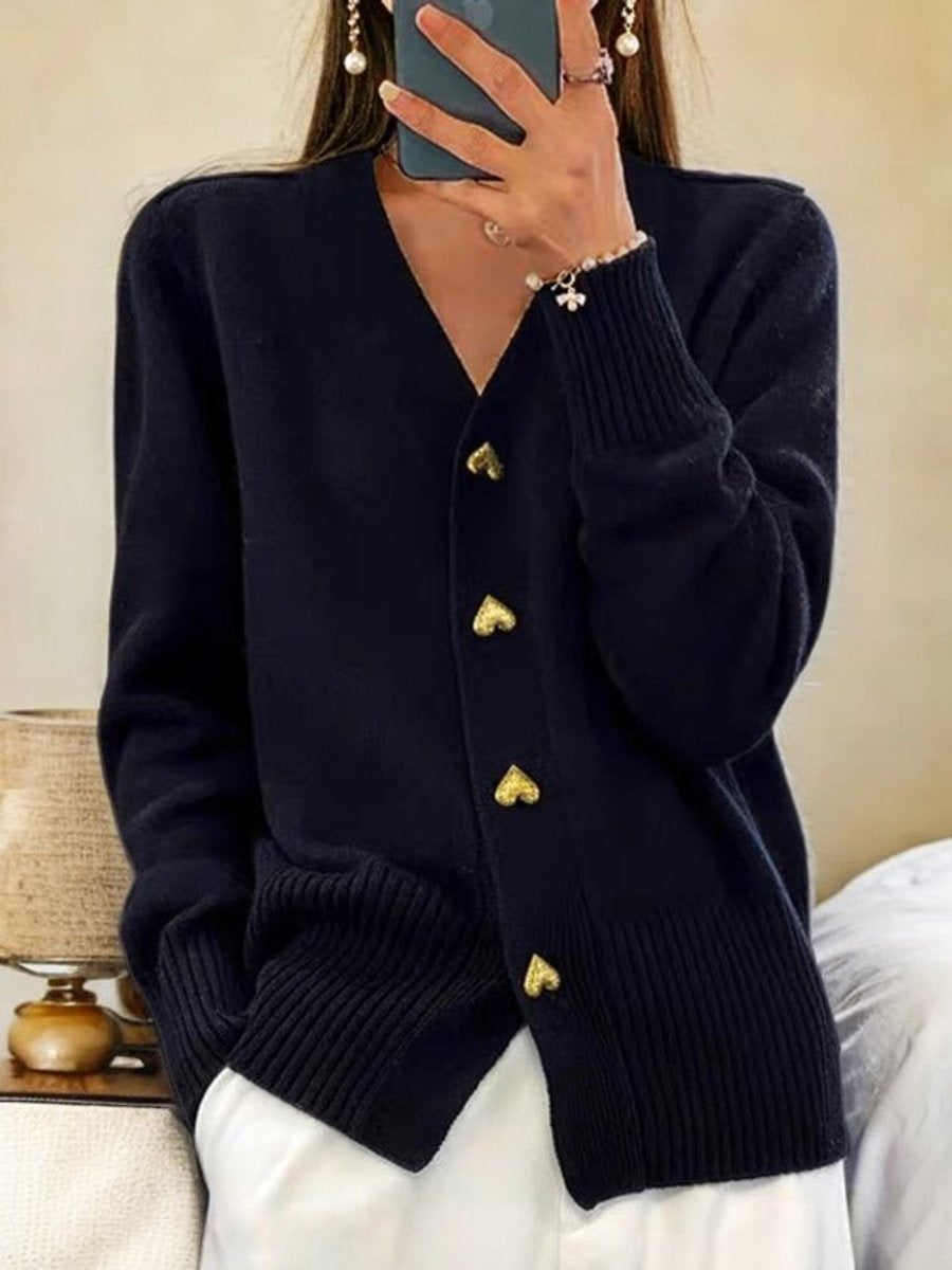 Amy | Women's Knit Cardigan Sweater Heart Buttons V Neck