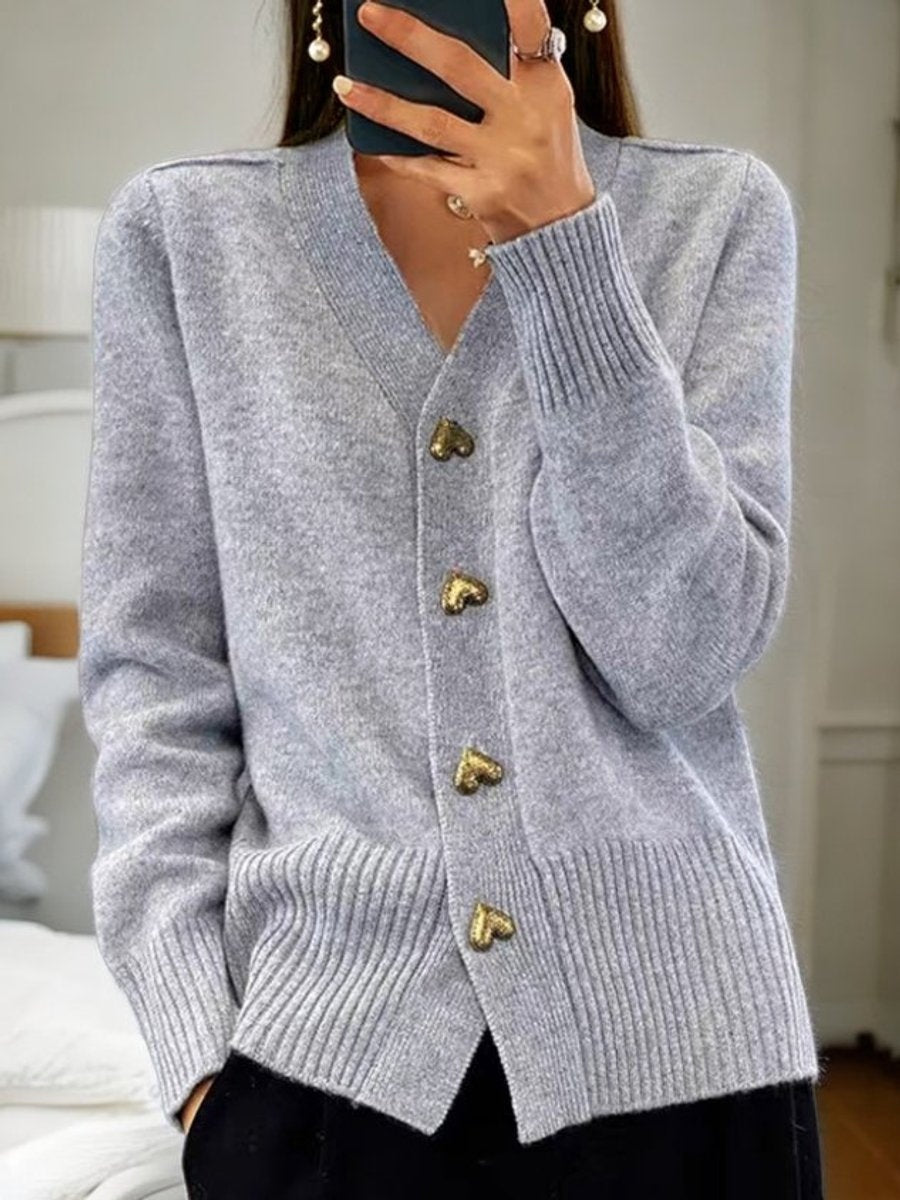 Amy | Women's Knit Cardigan Sweater Heart Buttons V Neck