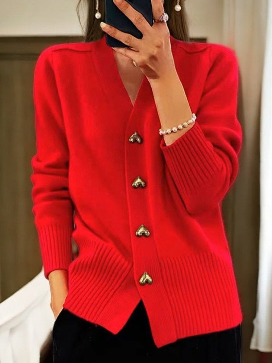 Amy | Women's Knit Cardigan Sweater Heart Buttons V Neck