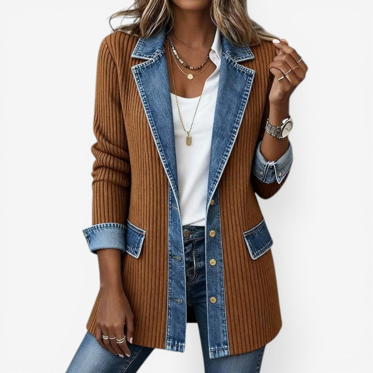 Naomi | Women's Denim Jacket Knit Sleeves Fall