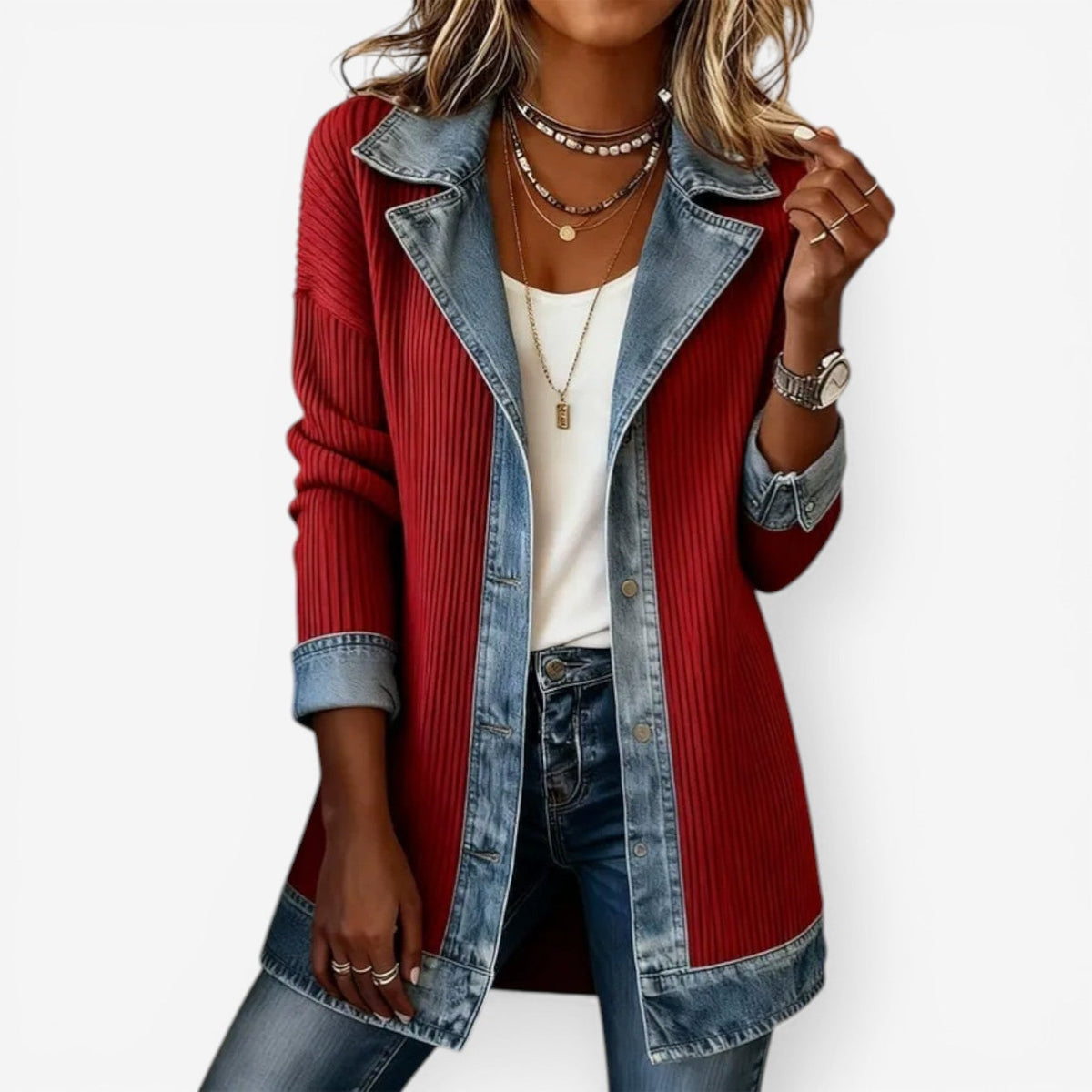 Naomi | Women's Denim Jacket Knit Sleeves Fall