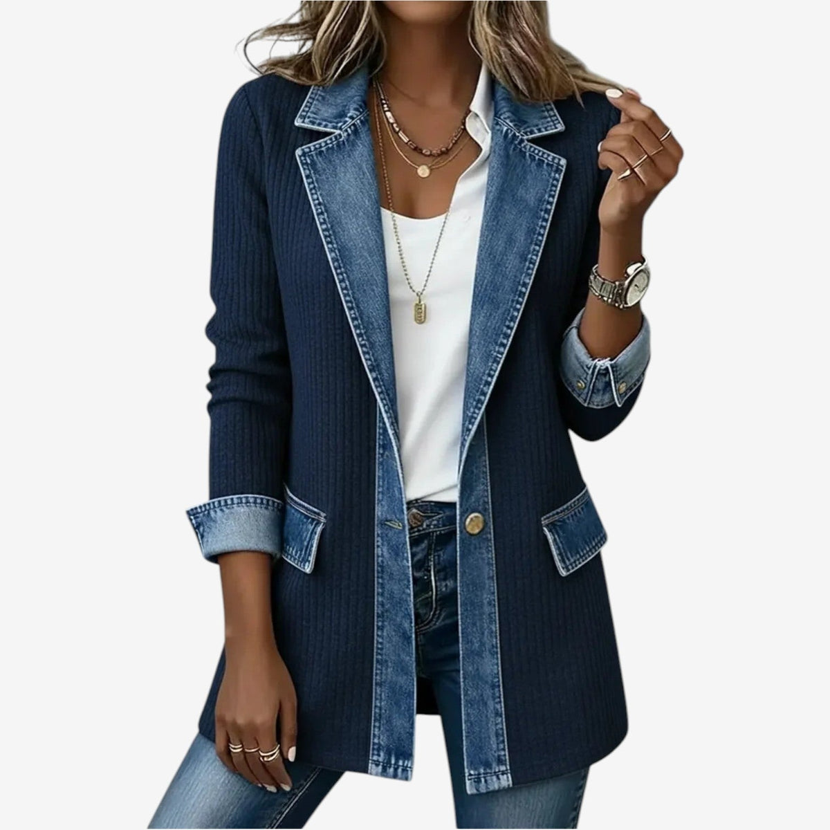 Naomi | Women's Denim Jacket Knit Sleeves Fall