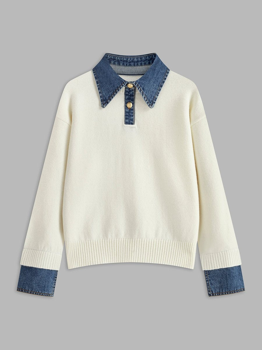 Charlotte | Women's Knit Sweater Denim Collar Patchwork Long Sleeve