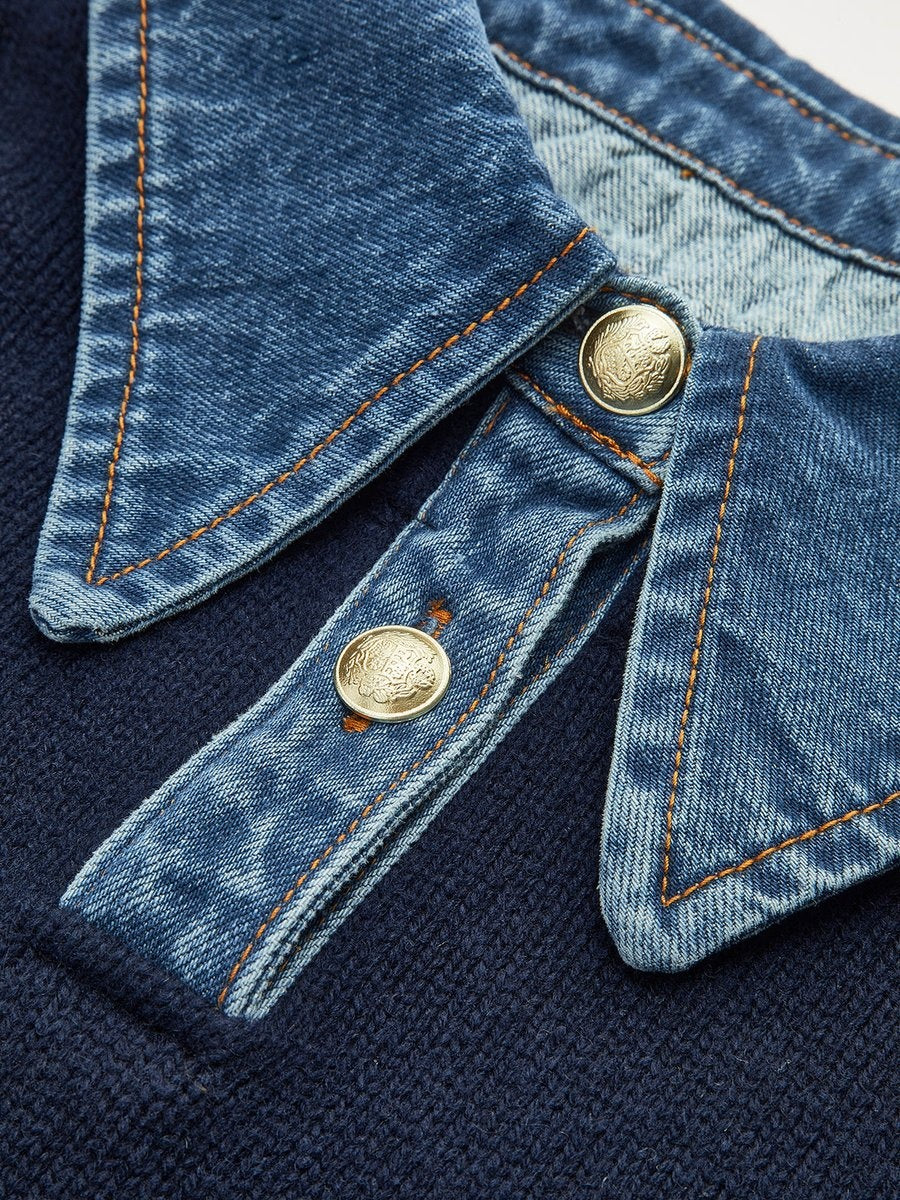 Charlotte | Women's Knit Sweater Denim Collar Patchwork Long Sleeve