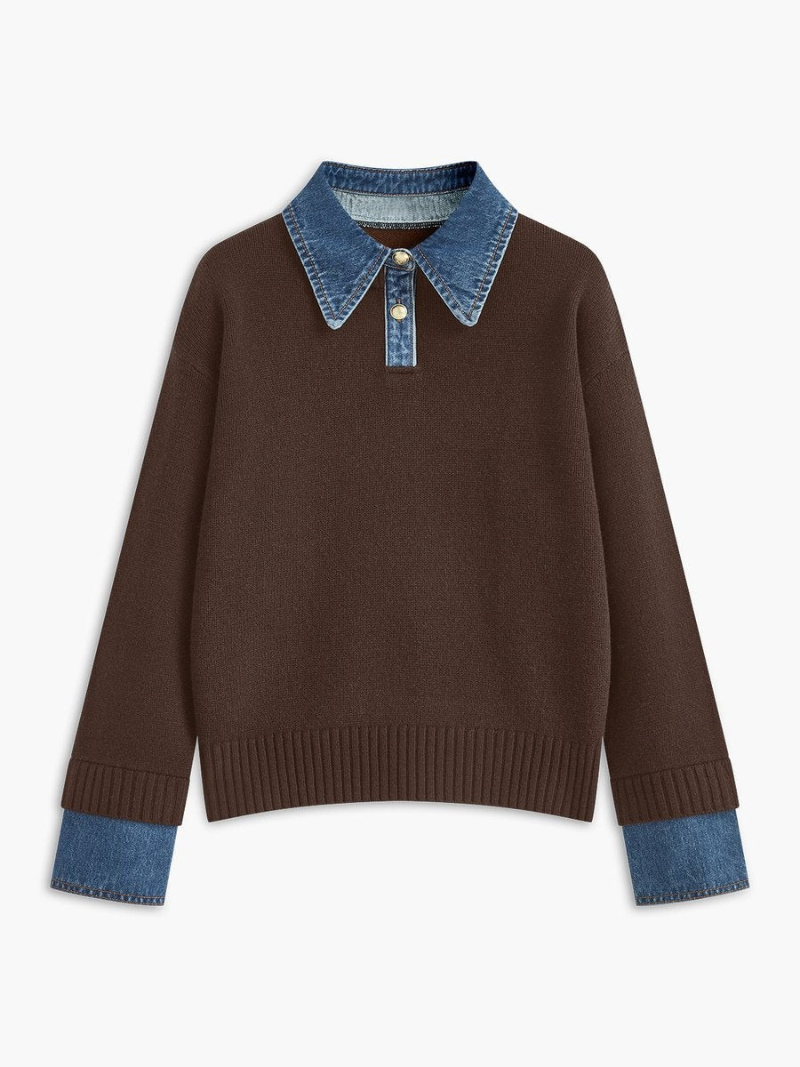 Charlotte | Women's Knit Sweater Denim Collar Patchwork Long Sleeve