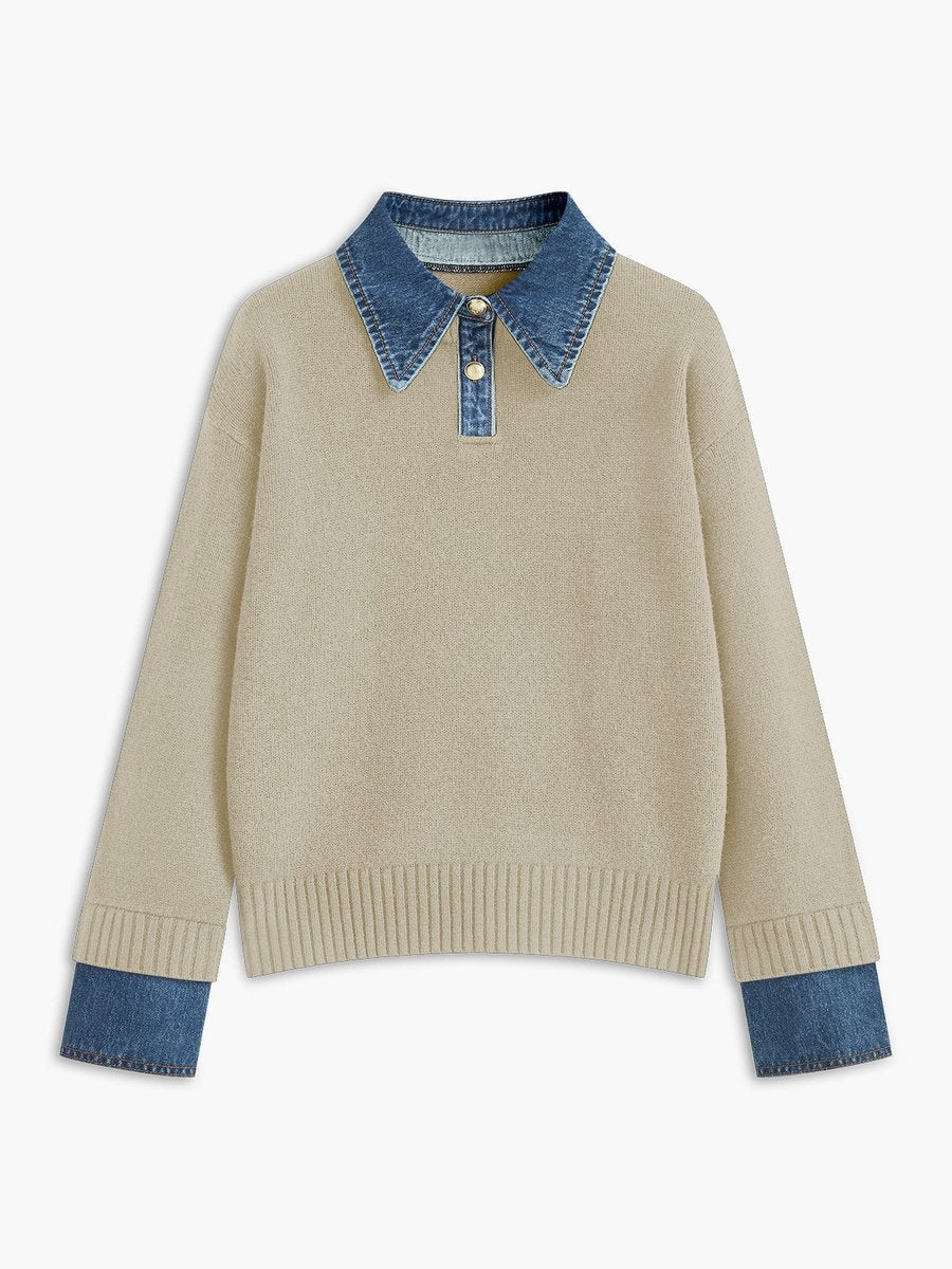 Charlotte | Women's Knit Sweater Denim Collar Patchwork Long Sleeve