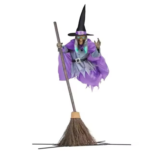 Life-Size Halloween Witch Decor Flying Broomstick Outdoor Prop with LED Eyes