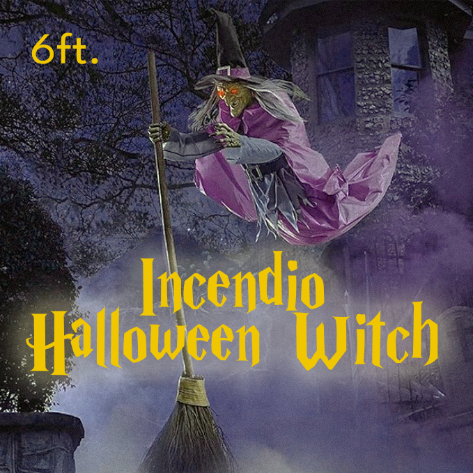 Life-Size Halloween Witch Decor Flying Broomstick Outdoor Prop with LED Eyes