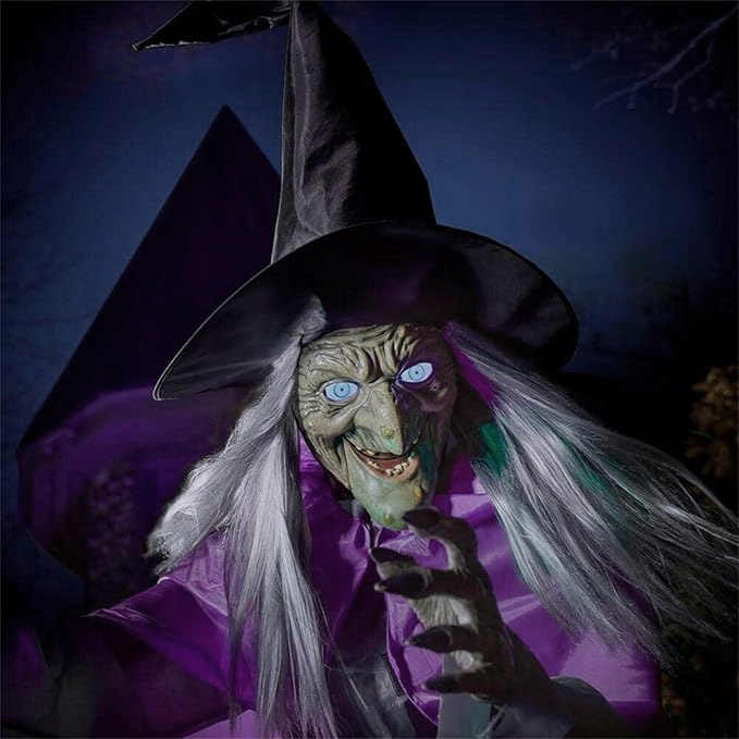 Life-Size Halloween Witch Decor Flying Broomstick Outdoor Prop with LED Eyes