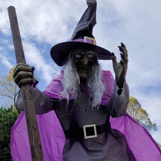 Life-Size Halloween Witch Decor Flying Broomstick Outdoor Prop with LED Eyes