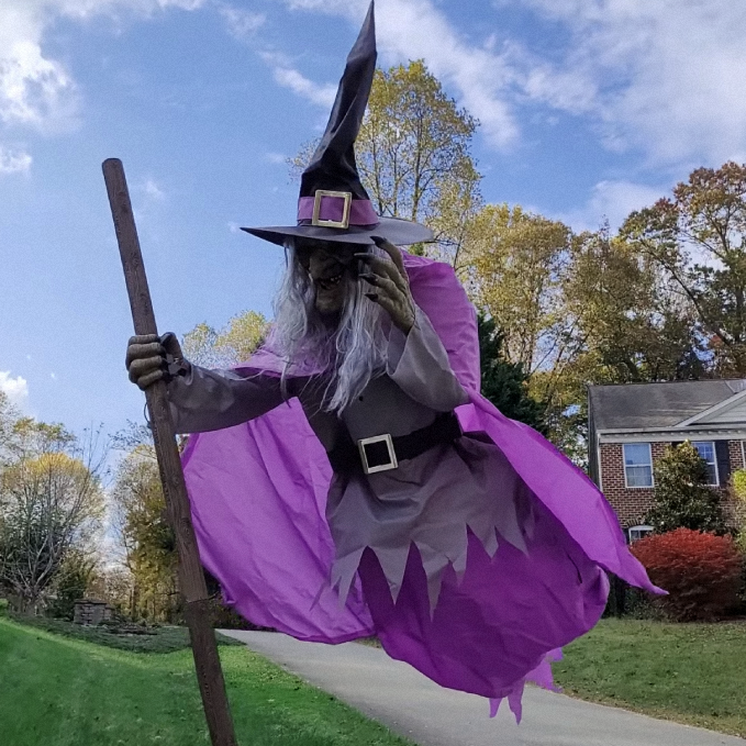 Life-Size Halloween Witch Decor Flying Broomstick Outdoor Prop with LED Eyes