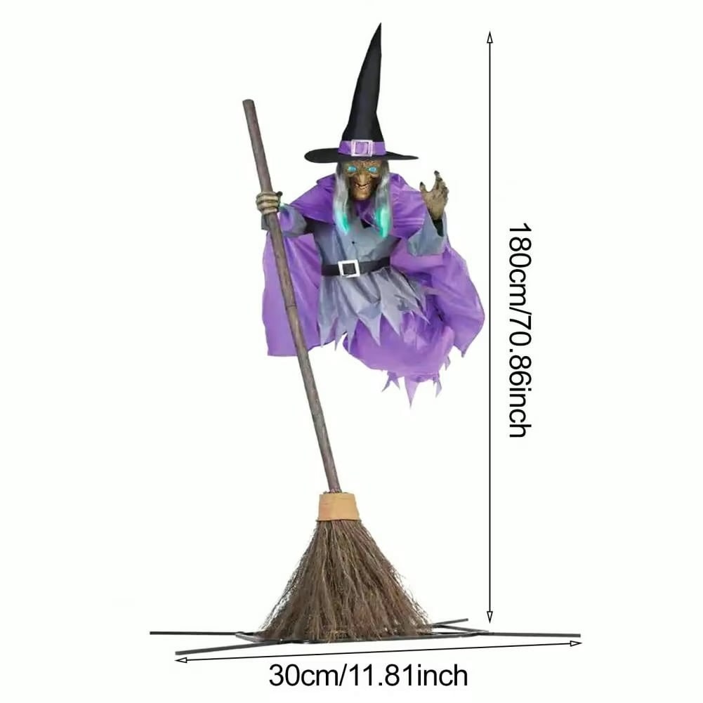 Life-Size Halloween Witch Decor Flying Broomstick Outdoor Prop with LED Eyes