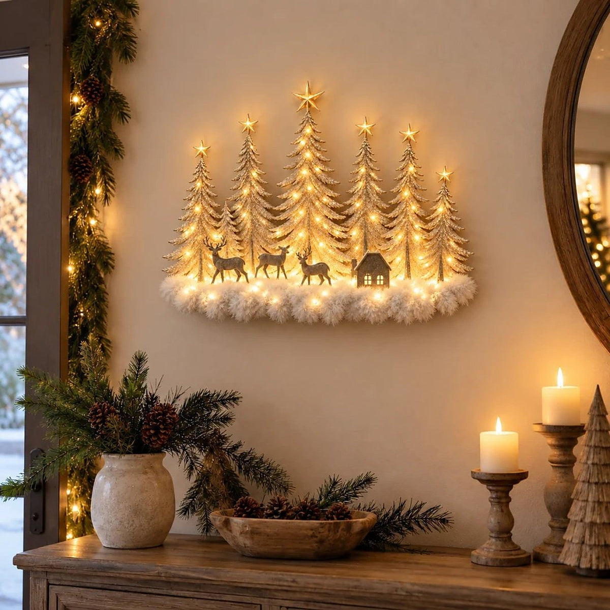 Lighted Winter Forest Wall Decor - 3D Christmas Landscape with Deer and Warm LED Light