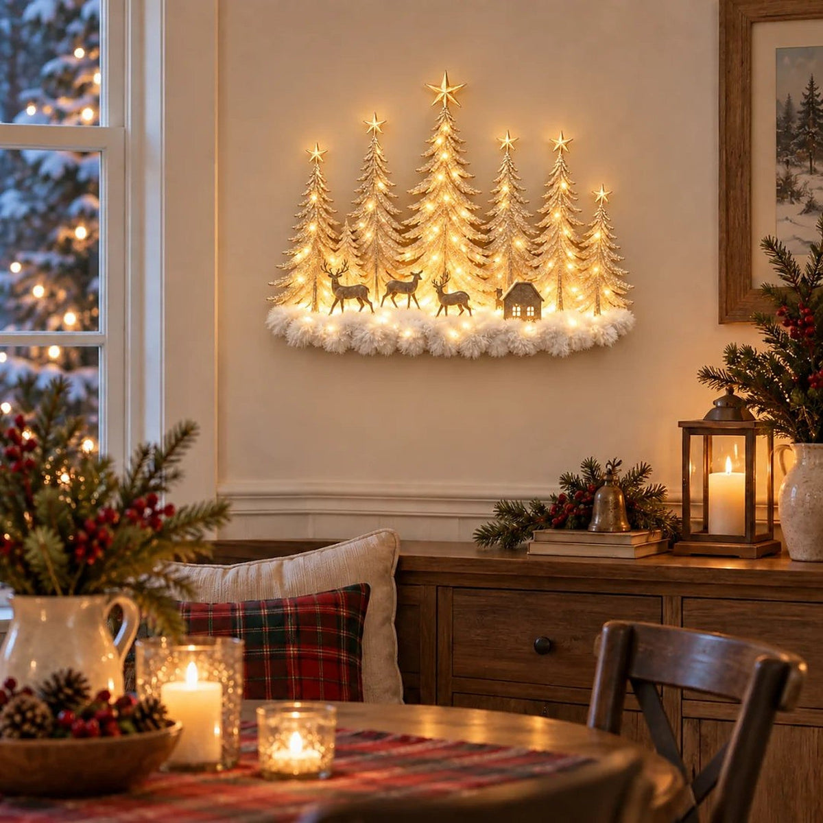 Lighted Winter Forest Wall Decor - 3D Christmas Landscape with Deer and Warm LED Light