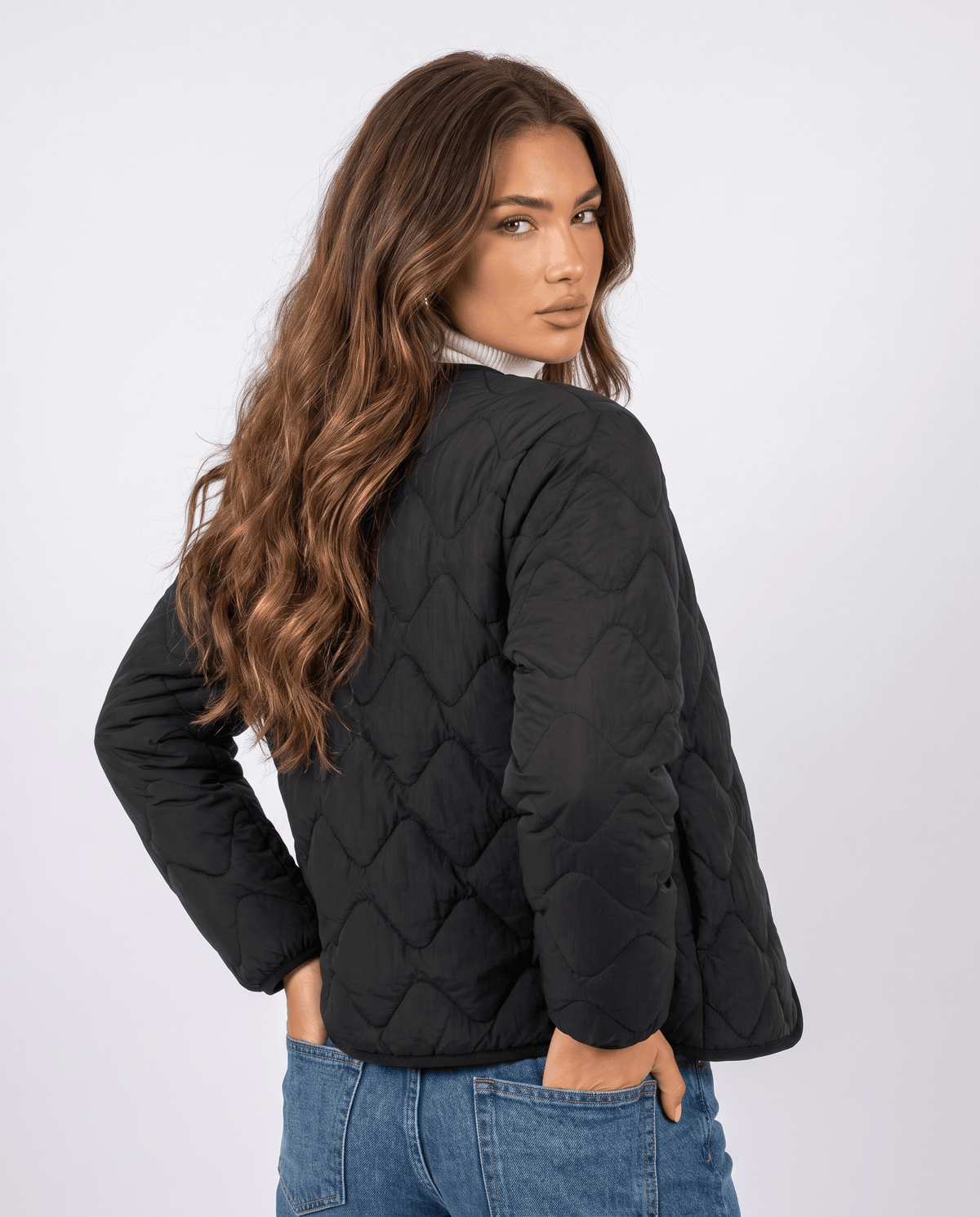 Lightweight Duck Down Jacket – Quilted, V-Neck & Snap Front | Shermaine