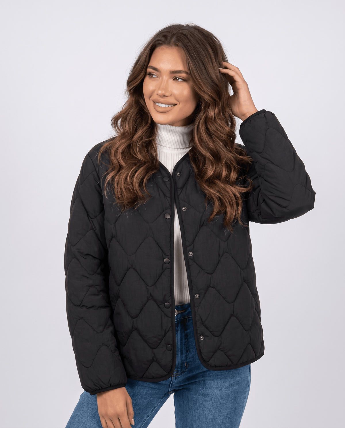 Lightweight Duck Down Jacket – Quilted, V-Neck & Snap Front | Shermaine