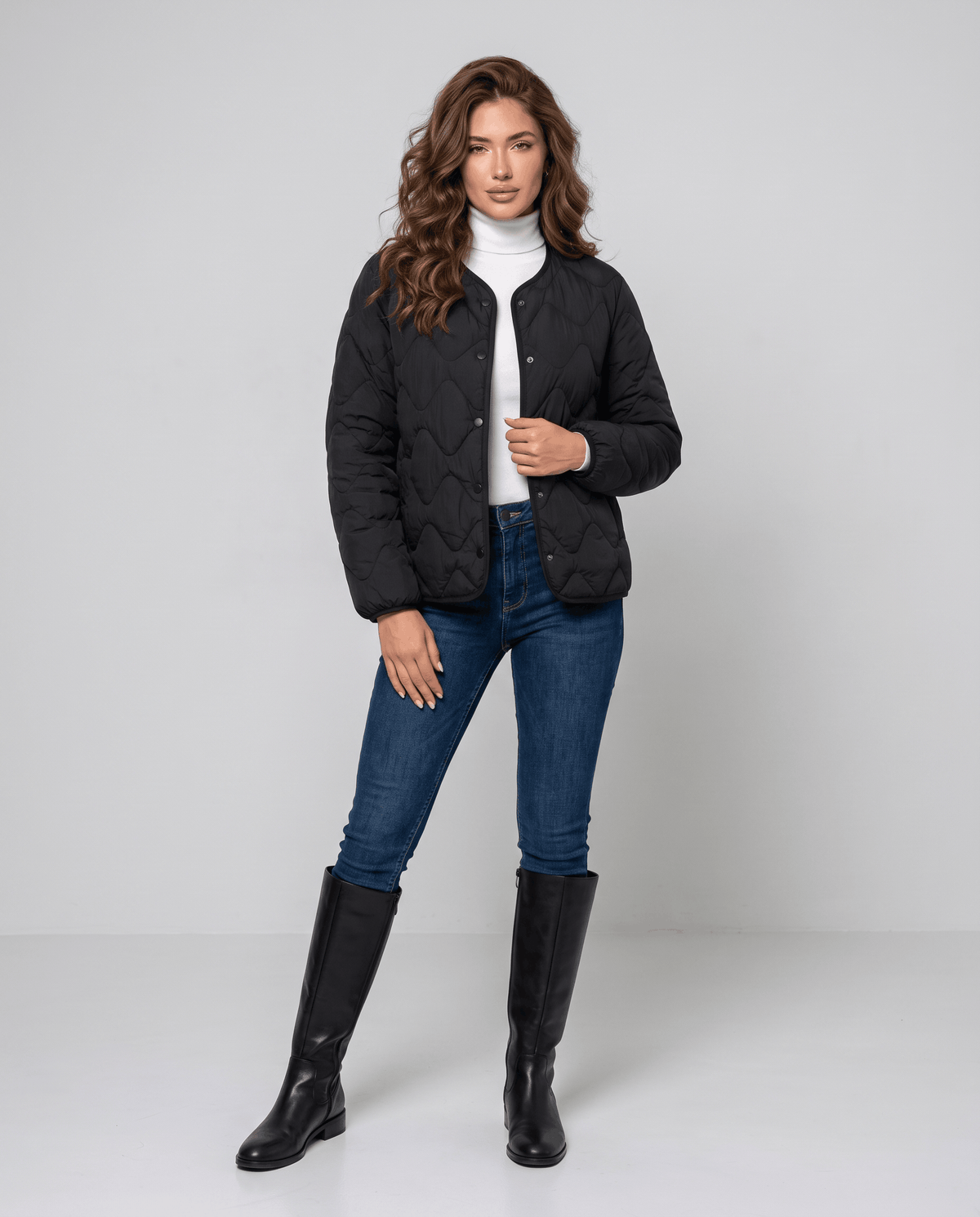 Lightweight Duck Down Jacket – Quilted, V-Neck & Snap Front | Shermaine