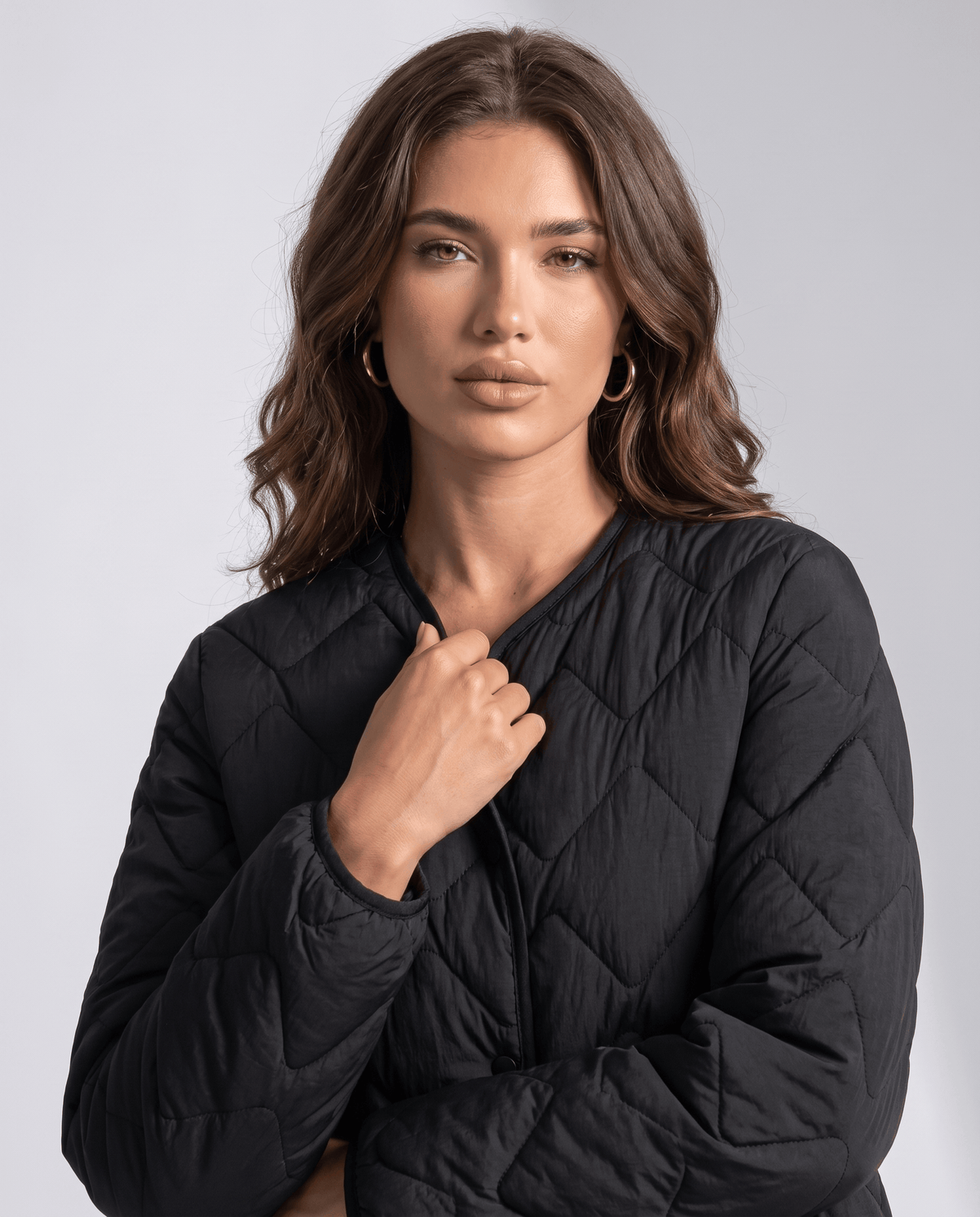 Lightweight Duck Down Jacket – Quilted, V-Neck & Snap Front | Shermaine