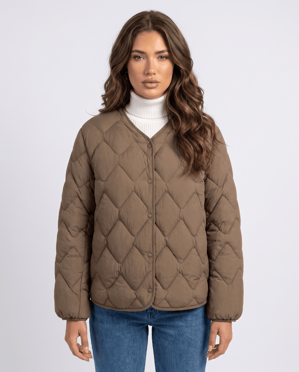 Lightweight Duck Down Jacket – Quilted, V-Neck & Snap Front | Shermaine