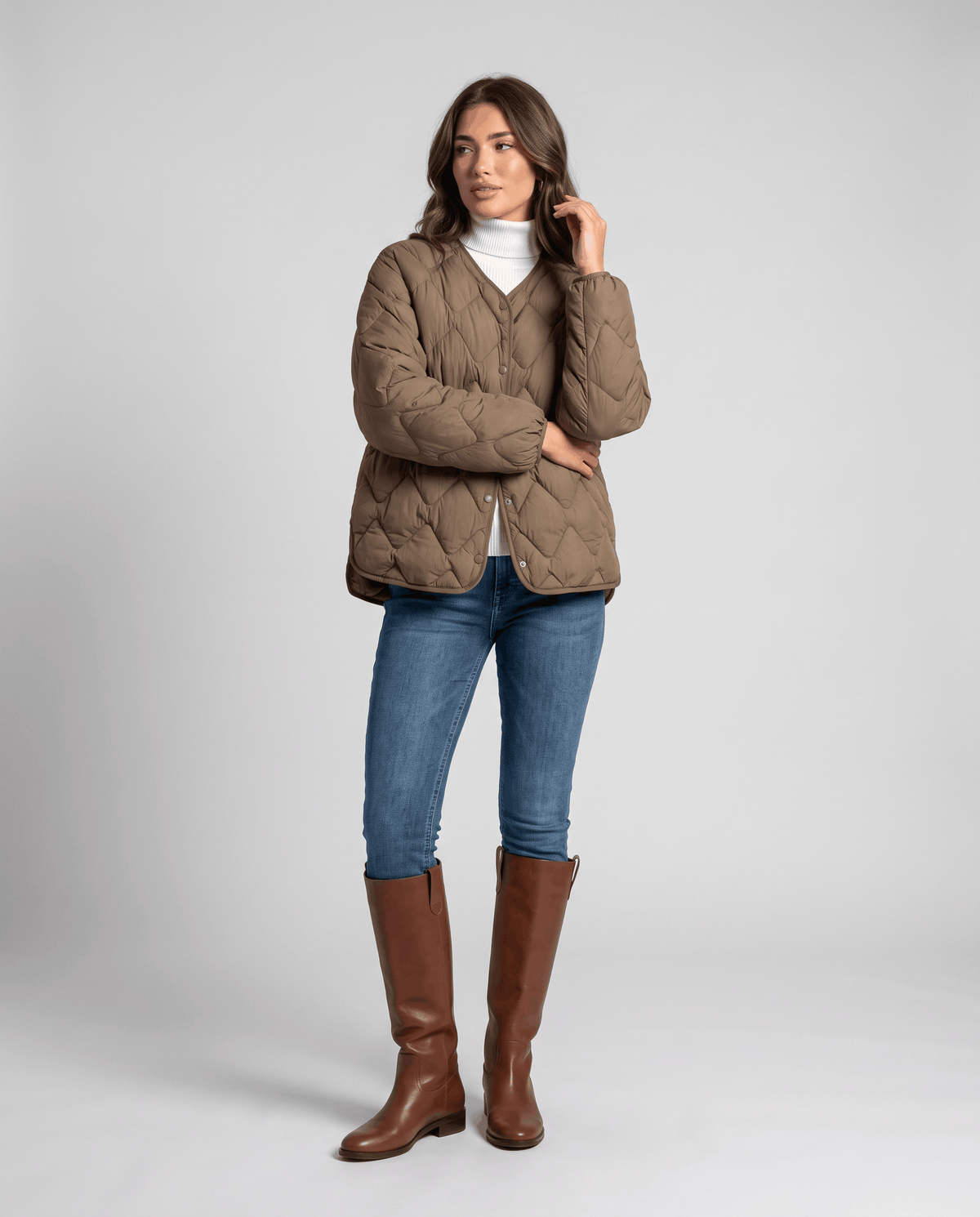 Lightweight Duck Down Jacket – Quilted, V-Neck & Snap Front | Shermaine