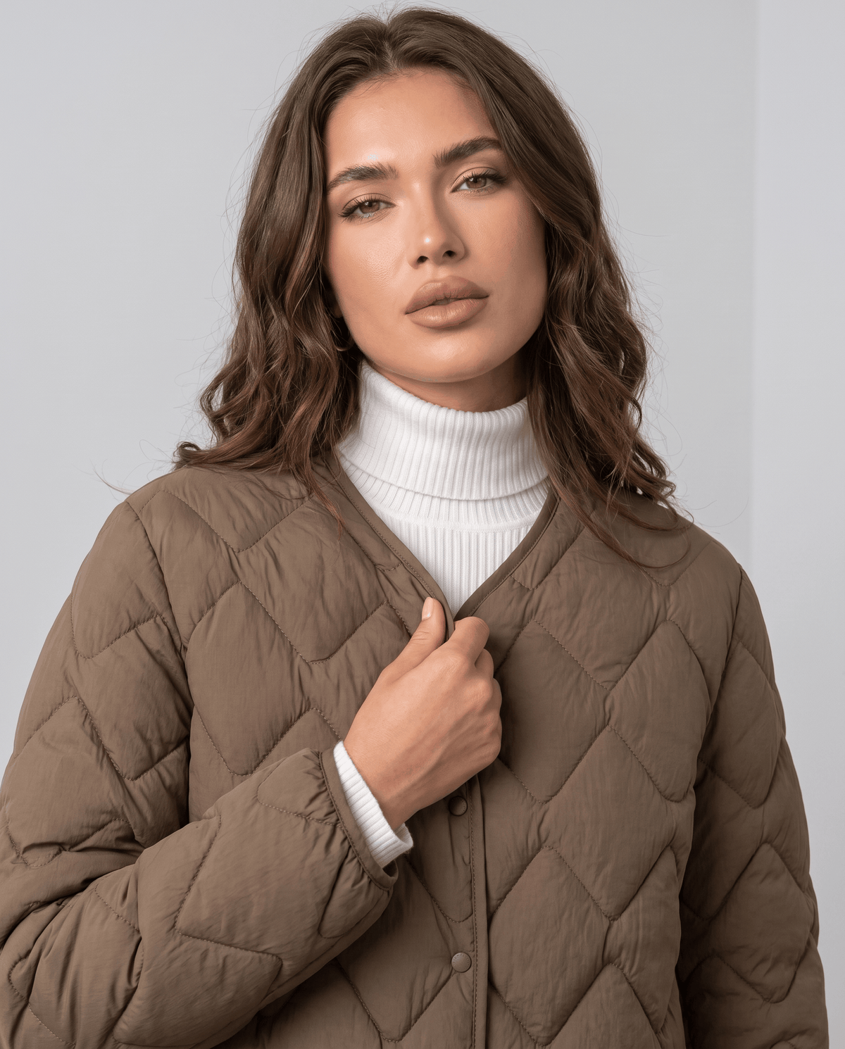 Lightweight Duck Down Jacket – Quilted, V-Neck & Snap Front | Shermaine