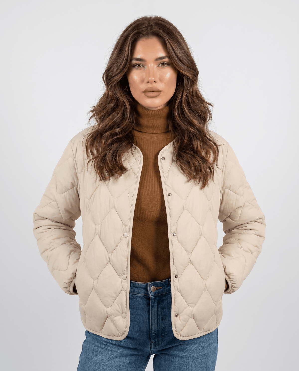 Lightweight Duck Down Jacket – Quilted, V-Neck & Snap Front | Shermaine
