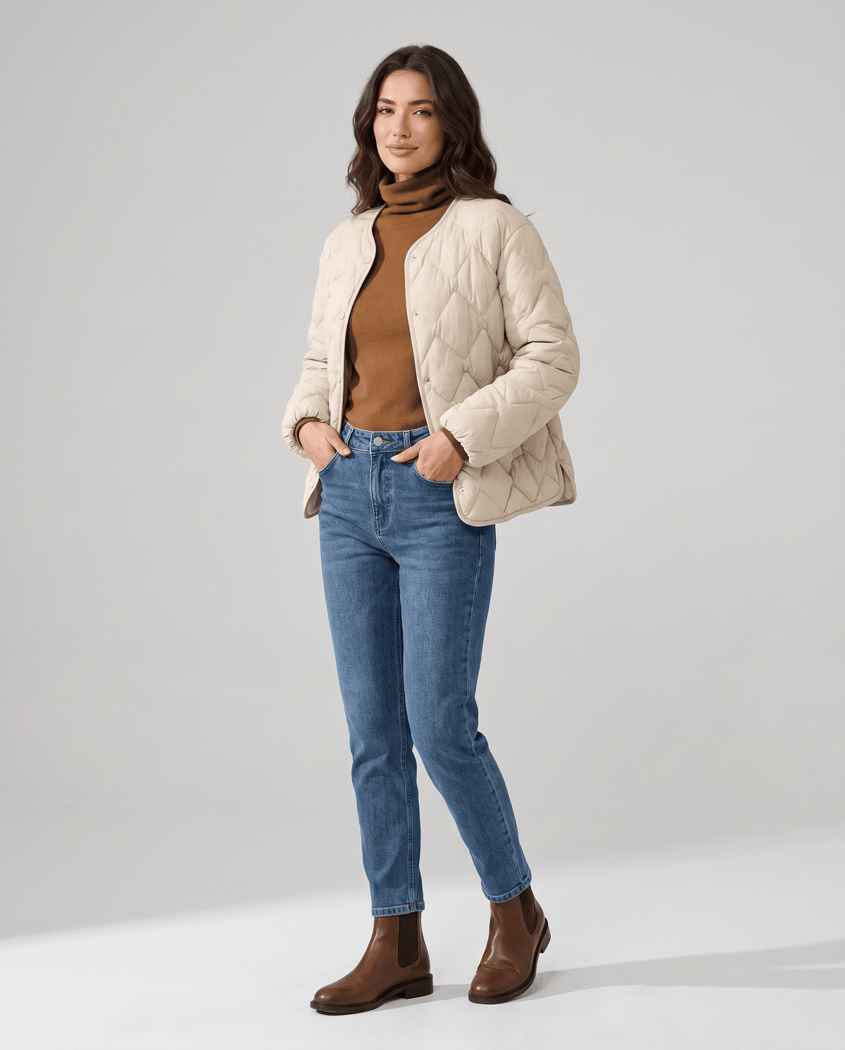 Lightweight Duck Down Jacket – Quilted, V-Neck & Snap Front | Shermaine
