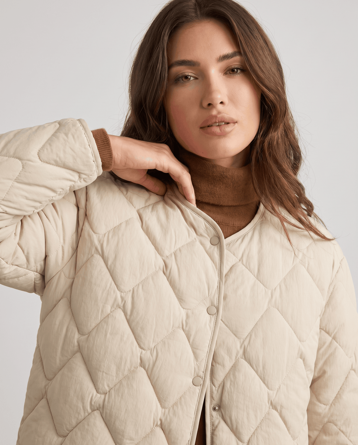 Lightweight Duck Down Jacket – Quilted, V-Neck & Snap Front | Shermaine