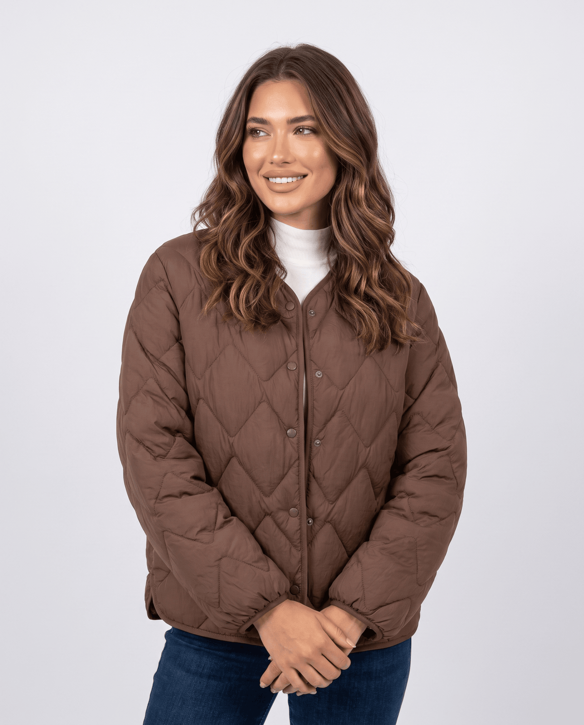 Lightweight Duck Down Jacket – Quilted, V-Neck & Snap Front | Shermaine